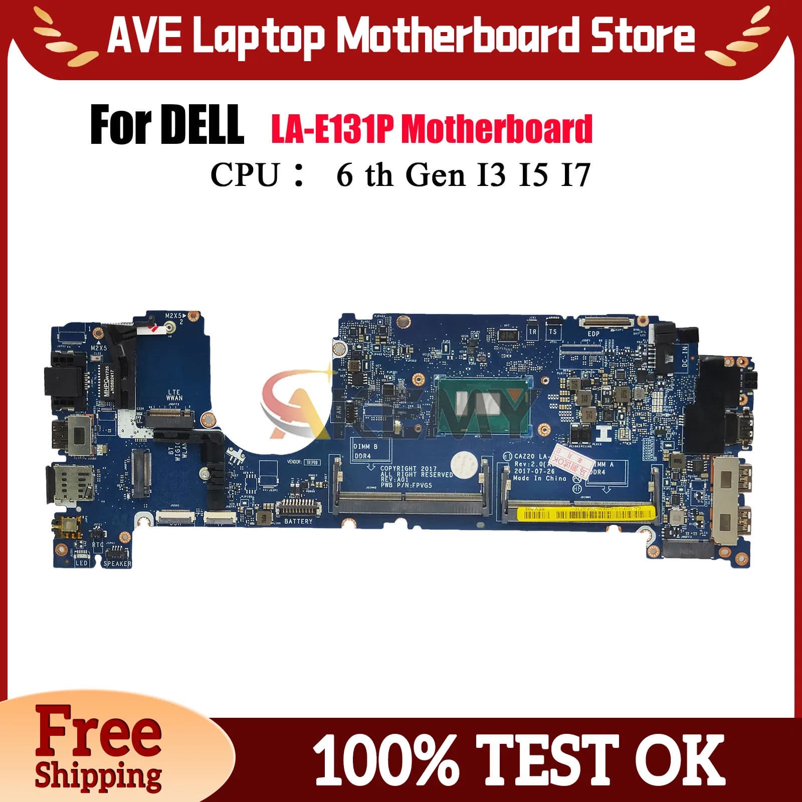 Scheda madre del computer portatile LA-E131P per notebook Dell Latitude 7480, supporta CPU i5 i7 di sesta/7a generazione 04GTKN 0N480V 0CXWHP Testato al 100% OK