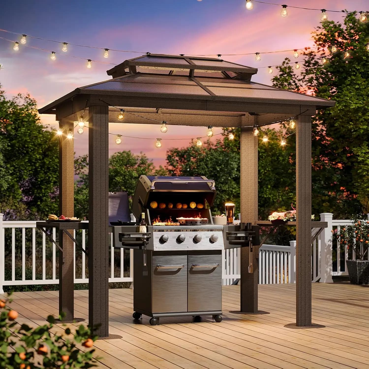Gazebo 8 x 5FT, Gazebo in Alluminio per Barbecue con Tetto Doppio in Policarbonato, Copertura Rigida per Griglia con Ripiani, Giardino