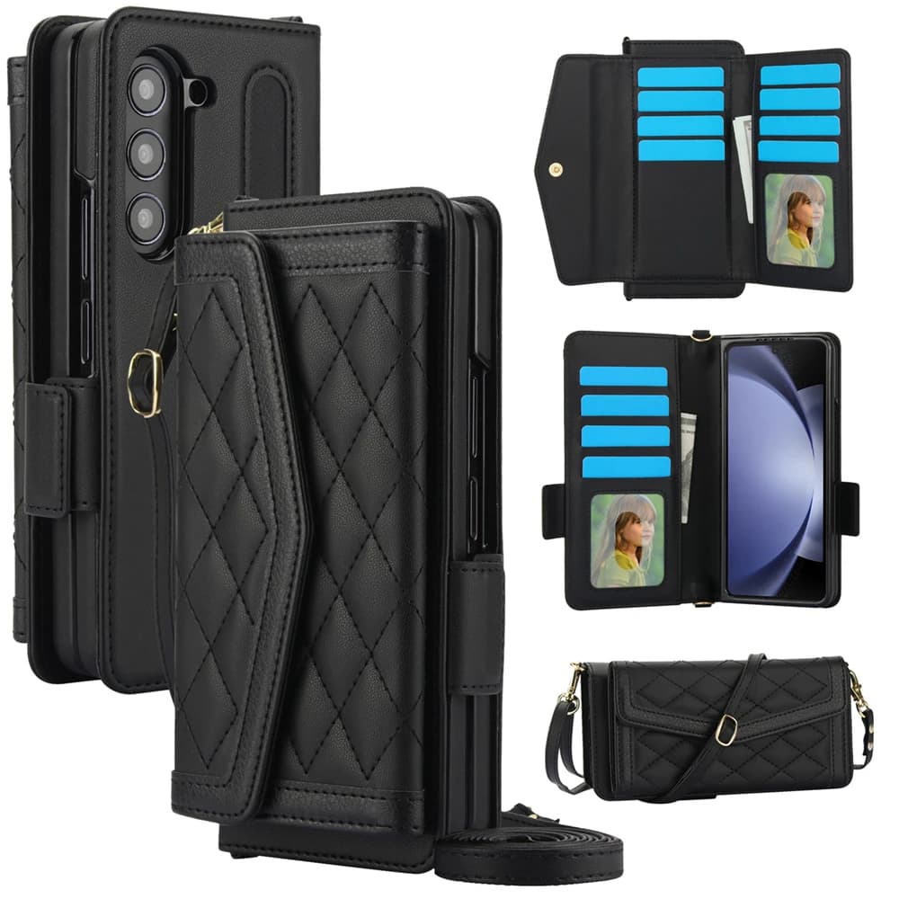Custodia in pelle con supporto per telefono con slot per schede di lusso per Samsung Galaxy Z Fold 7 6 5 4 3 Fold7 Custodia con cinturino a portafoglio Custodia a tracolla Etui