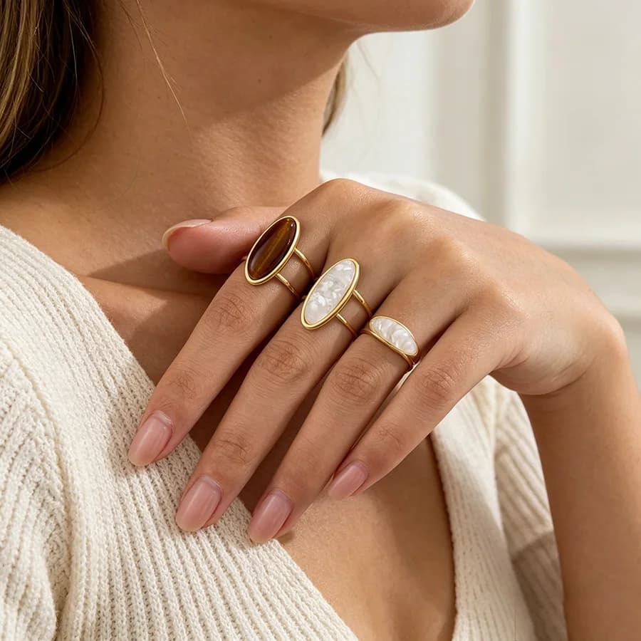2Pcs Stainless Steel Gold Open Rings Set for Women, Adjustable Tiger Eye Natural Stone Rings, Waterproof Tarnish-Free Boho Daily Jewelry, Holiday Gift