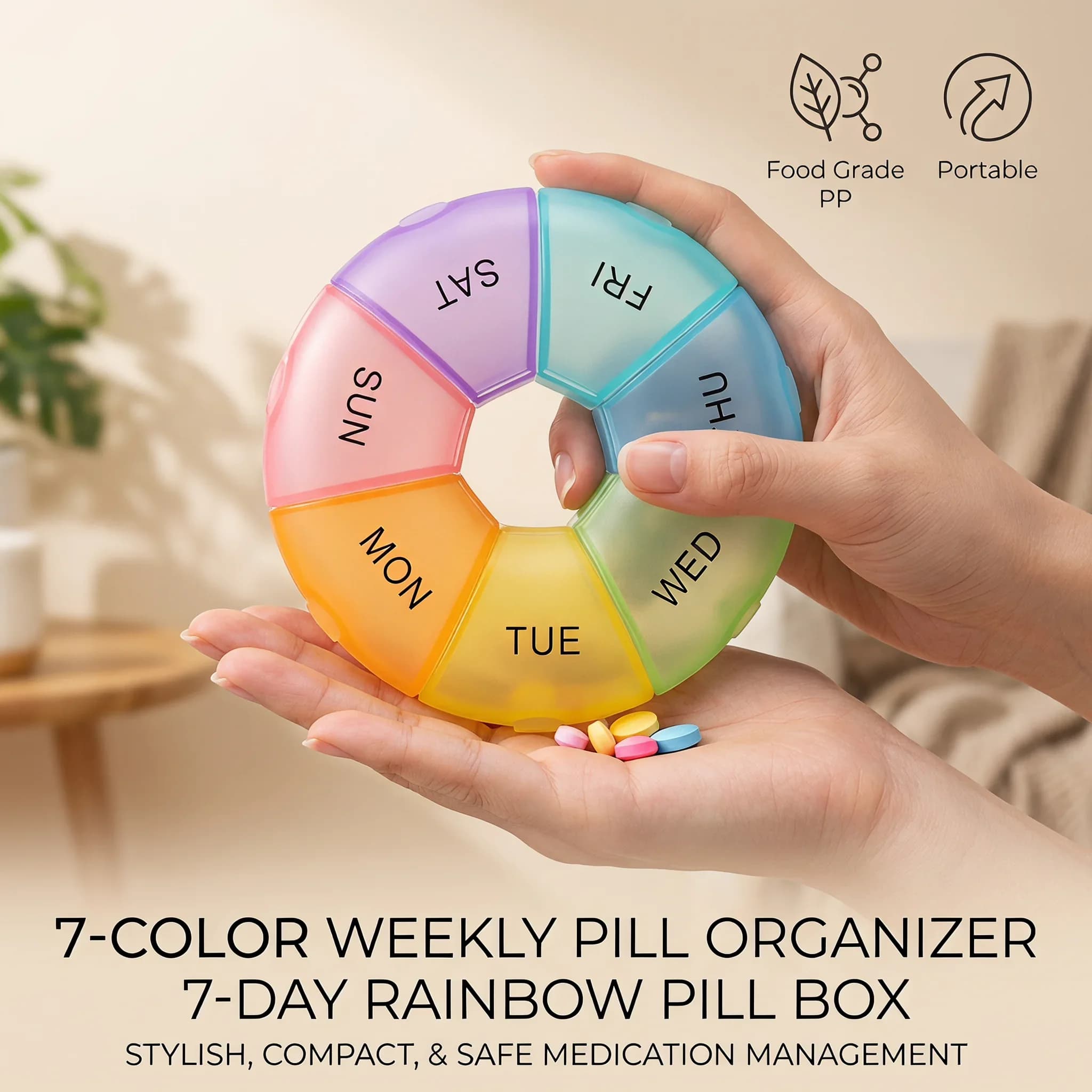 7 Day Round Pill Box Portable Weekly Pill Organizer Colorful Travel Pill Case Moisture-Proof Medicine Container for Vitamins Sup