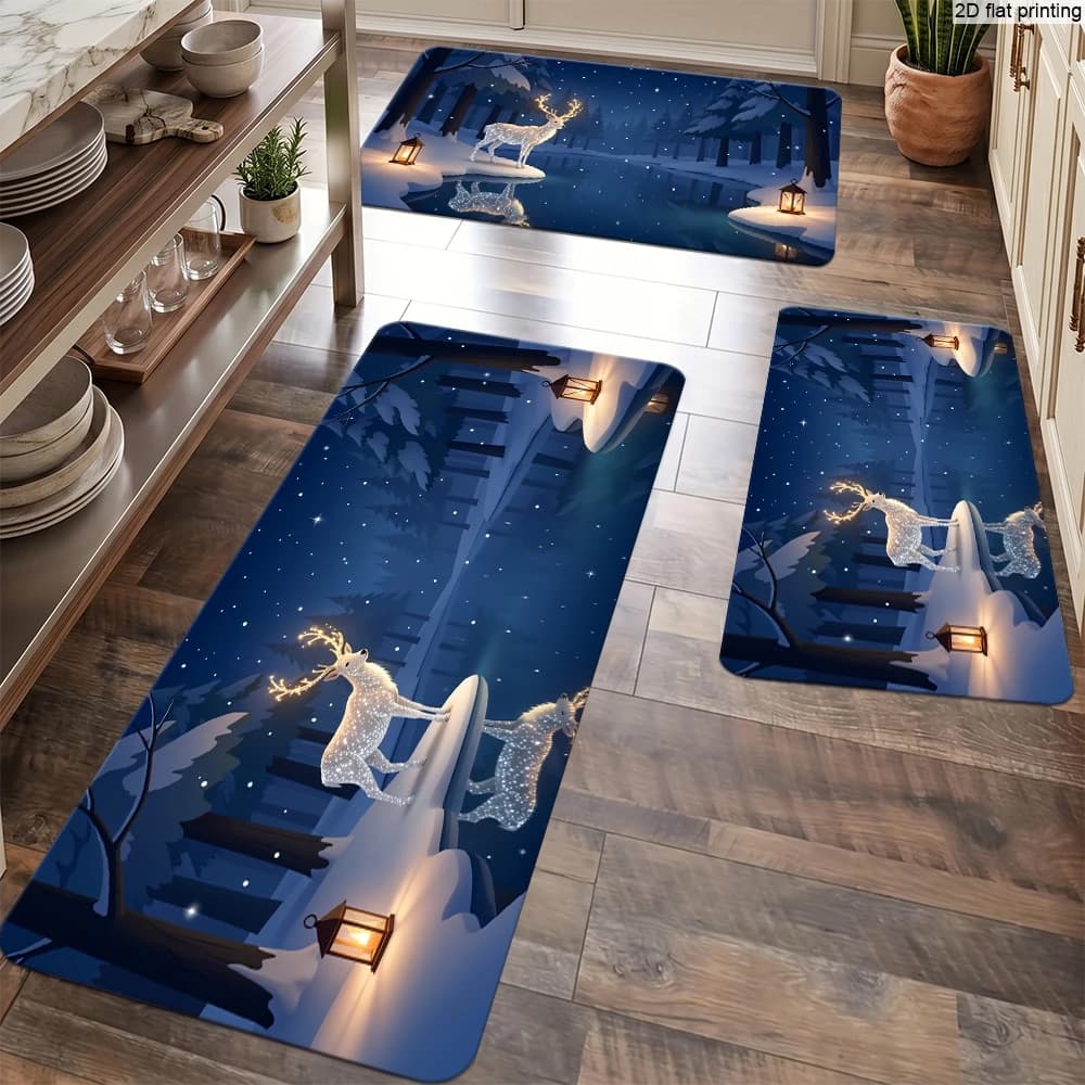 Winter Night Forest Glowing Deer Pattern Small Carpet 2D Flat Print Non-Slip Home Mat Multi-Size Suitable for Living Room, Bedroom, Kitchen, Entryway, and Decorative Doormat