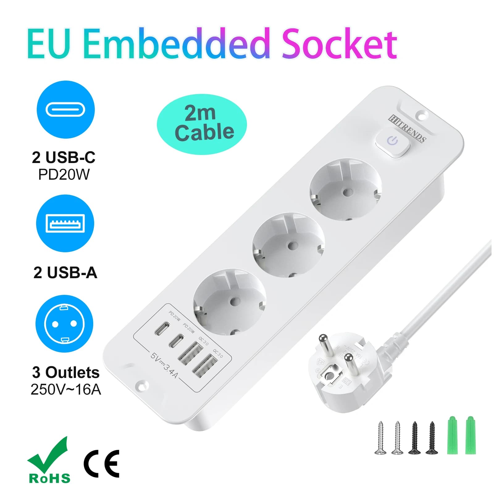 Integrated EU socket, Multi-faceted desk with 2 USB and 2 Type C for Fast charging, 2M extension cable, Multi-Plastic socket