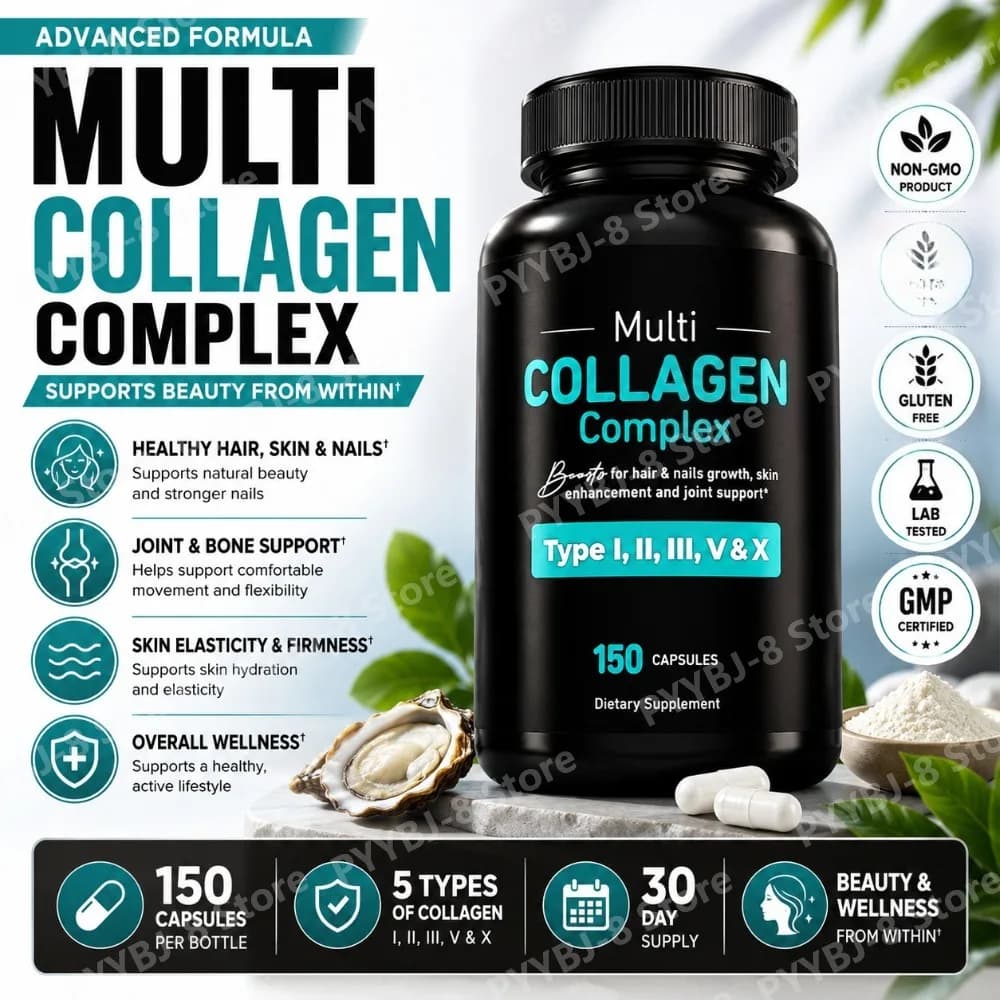 5-Type Multi Collagen Complex Capsules, Types I II III V X, 1600mg Per Serving, 150 Count, Hair Skin Nails Support, 50 Servings