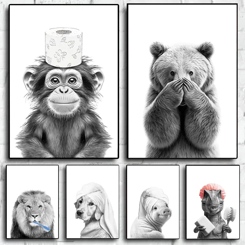 Divertente poster su tela Gatto Giraffa Cane Elefante Carta igienica Vasca da bagno Divertente Poster da bagno Wall Art Doccia Decorazione della casa