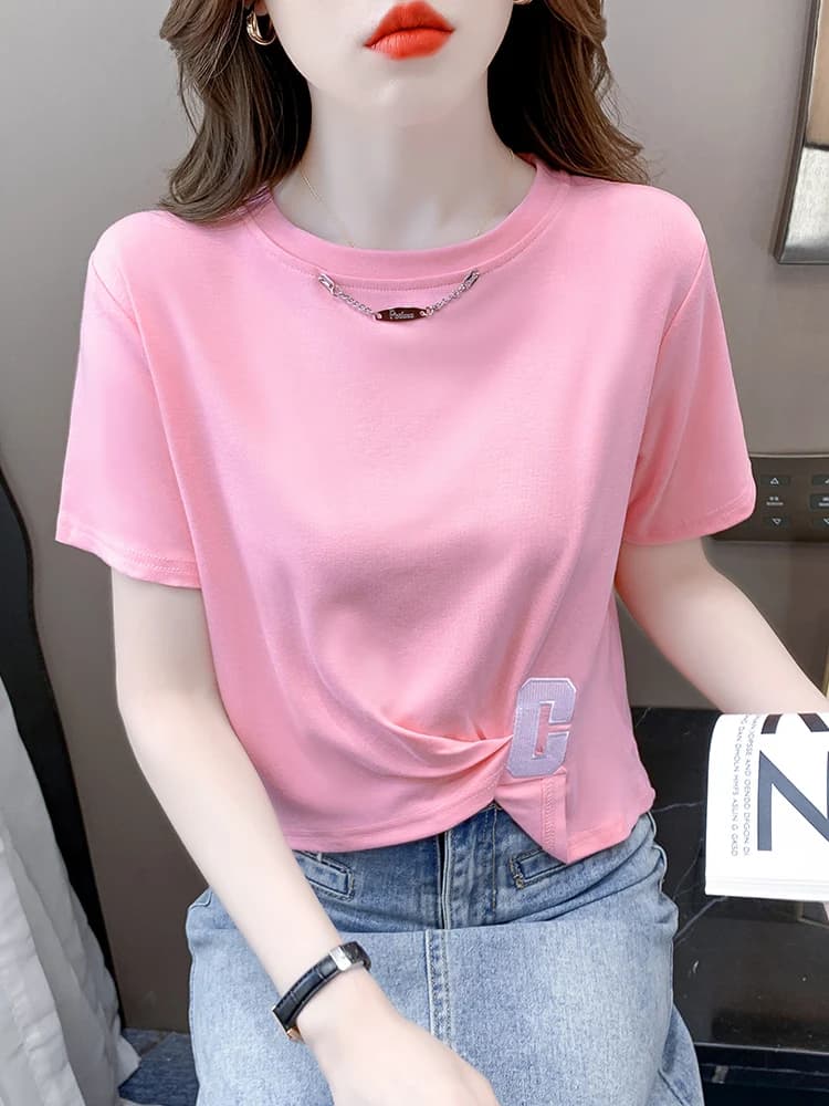 Pink round Neck Asymmetrical Short Sleeve T-Shirt Women's Summer New Style Versatile Casual Top Creative Design Casual Fashion