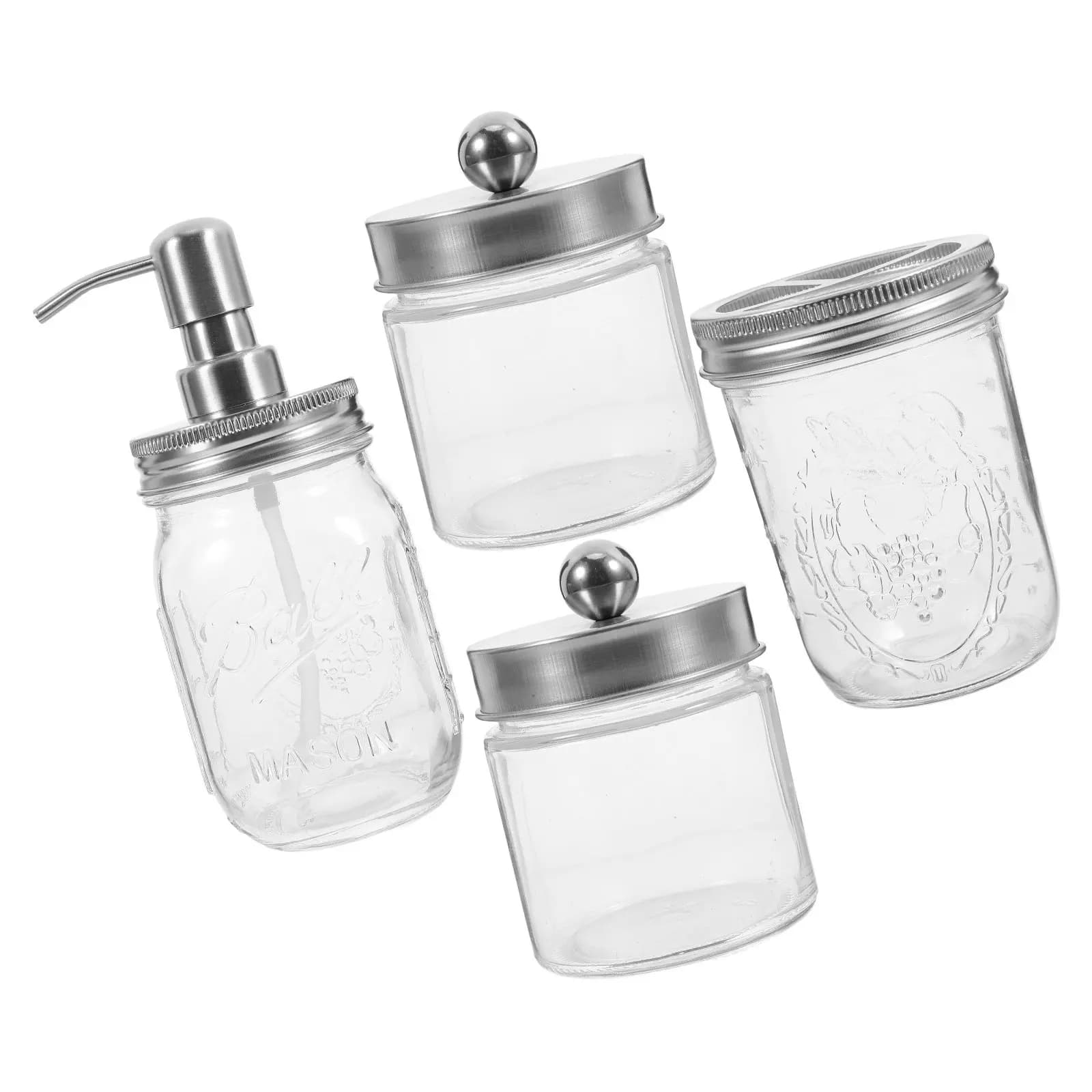 Bathroom containers, holders, elegant Mason glass dispensers, silver lotions boxes and toothbrushes
