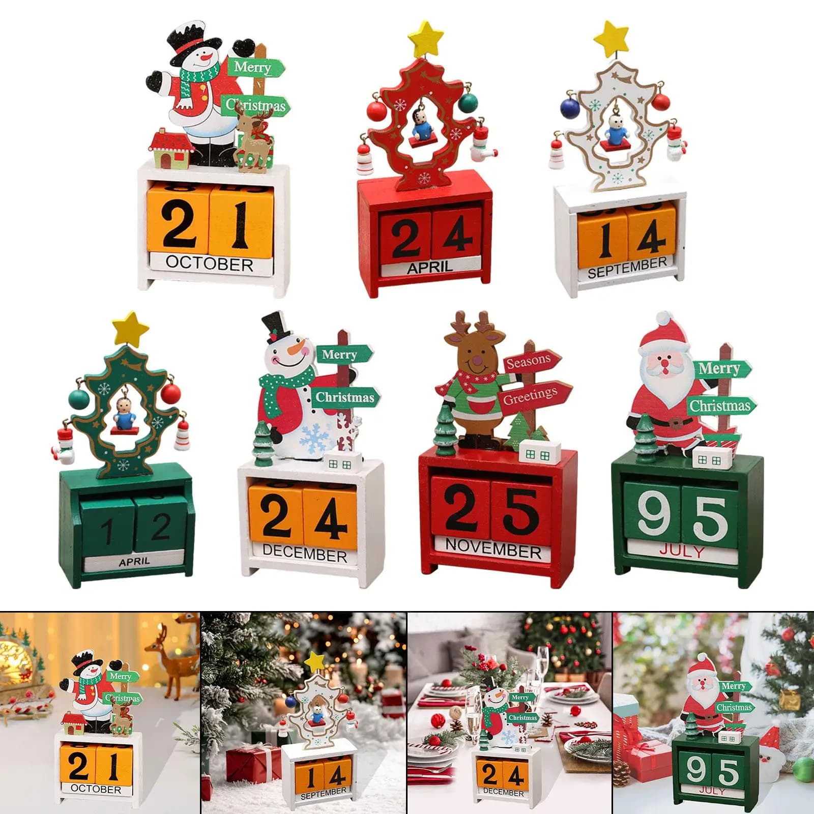 Calendario dell'Avvento in legno per le vacanze, blocchi di numeri per il conto alla rovescia di Natale, decorazioni per la scrivania per la casa festiva