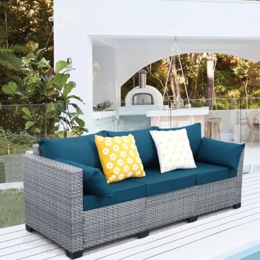 Outdoor 3-seat Patio Sofa with Deep Seat and High Backrest in Peacock Blue for Outdoor Use Non-Slip Cushions and Waterproof Cov