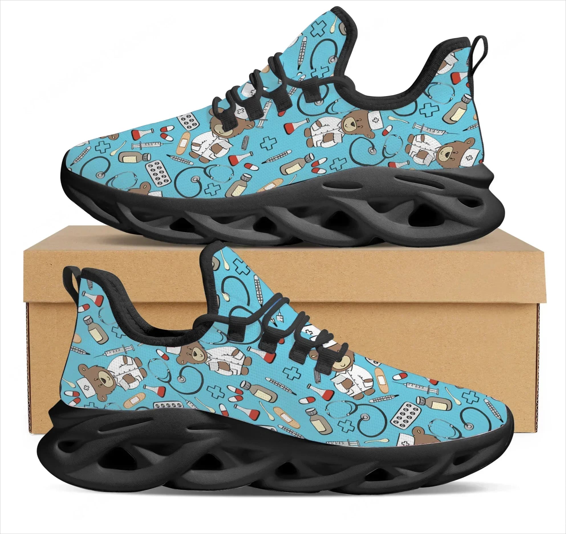 Scarpe da infermiera con motivo orsetto dei cartoni animati, sneakers da donna con lacci, scarpe piatte per ospedale, calzature estive e primaverili per camminare, per coppia