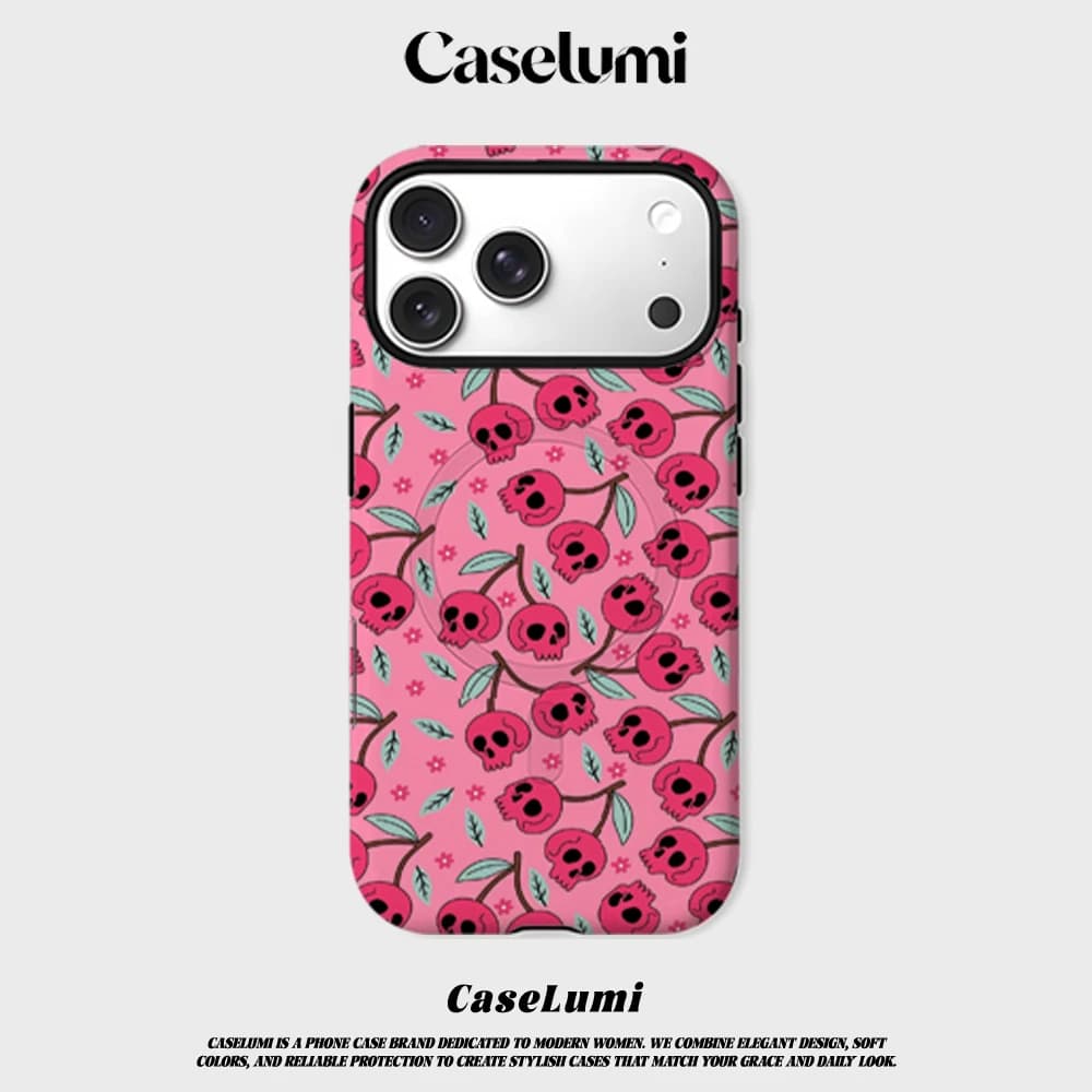 CaseLumi Matte Bumper per Custodia MagSafe per iPhone 17 16 15 14 Plus 13 Pro Max Antiurto Rigida in PC con Design Teschio e Ciliegie