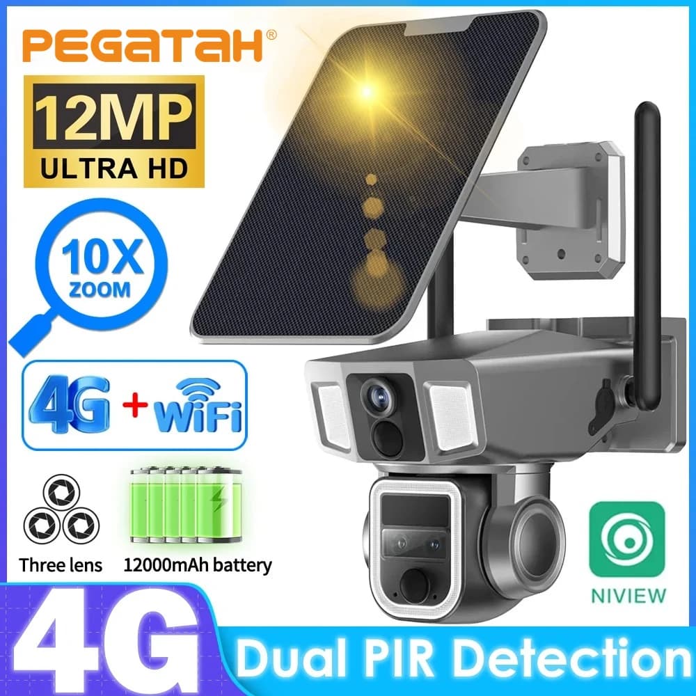 Telecamera di Sicurezza Solare 4G 12MP 4K WiFi per Esterni con Doppio Schermo, Tre Obiettivi, Zoom 10x, Rilevamento PIR Doppio, Tracciamento Automatico, Telecamera CCTV