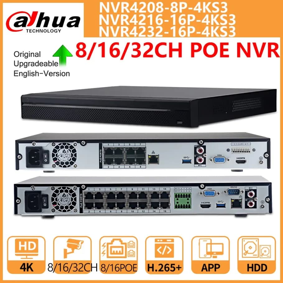 Dahua NVR 8CH NVR4208-8P-4KS3 16CH NVR4216-16P-4KS3 32CH NVR4232-16P-4KS3 8PoE 16PoE 1U 2hdds videoregistratore di rete SMD Plus