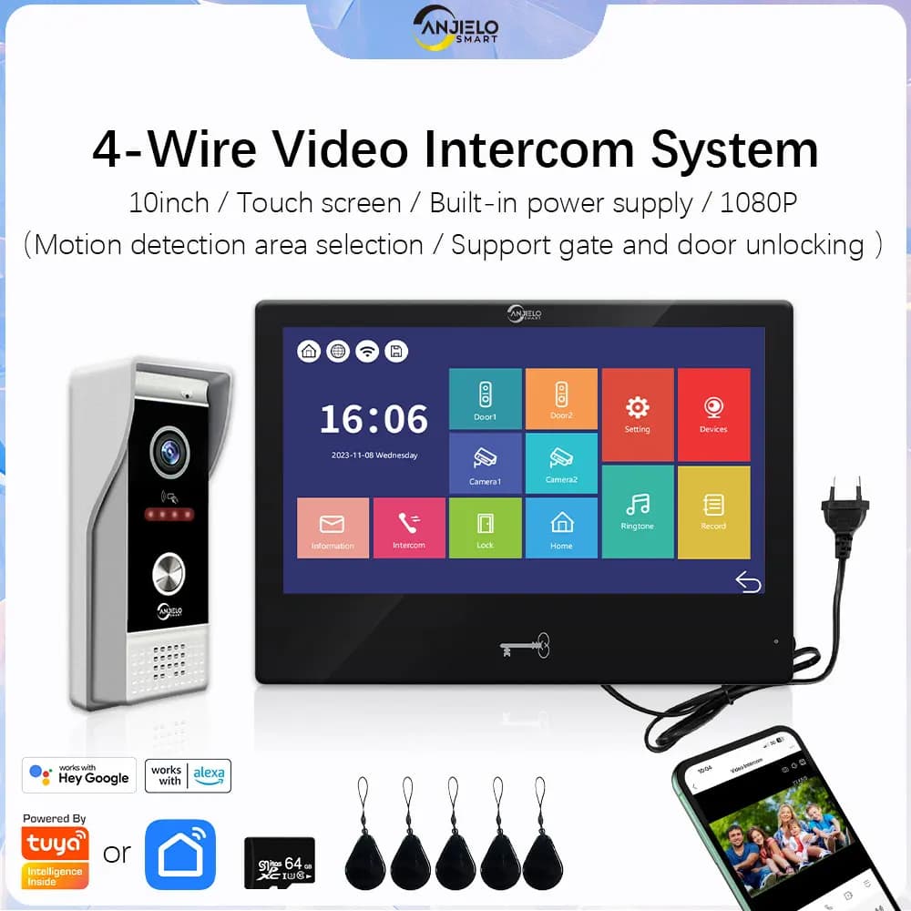 ANJIELO Videocitofono per Home Villa Tuya Smart 1080P Monitor Videocitofono WiFi Videocitofono domestico Campanello con rilevamento del movimento
