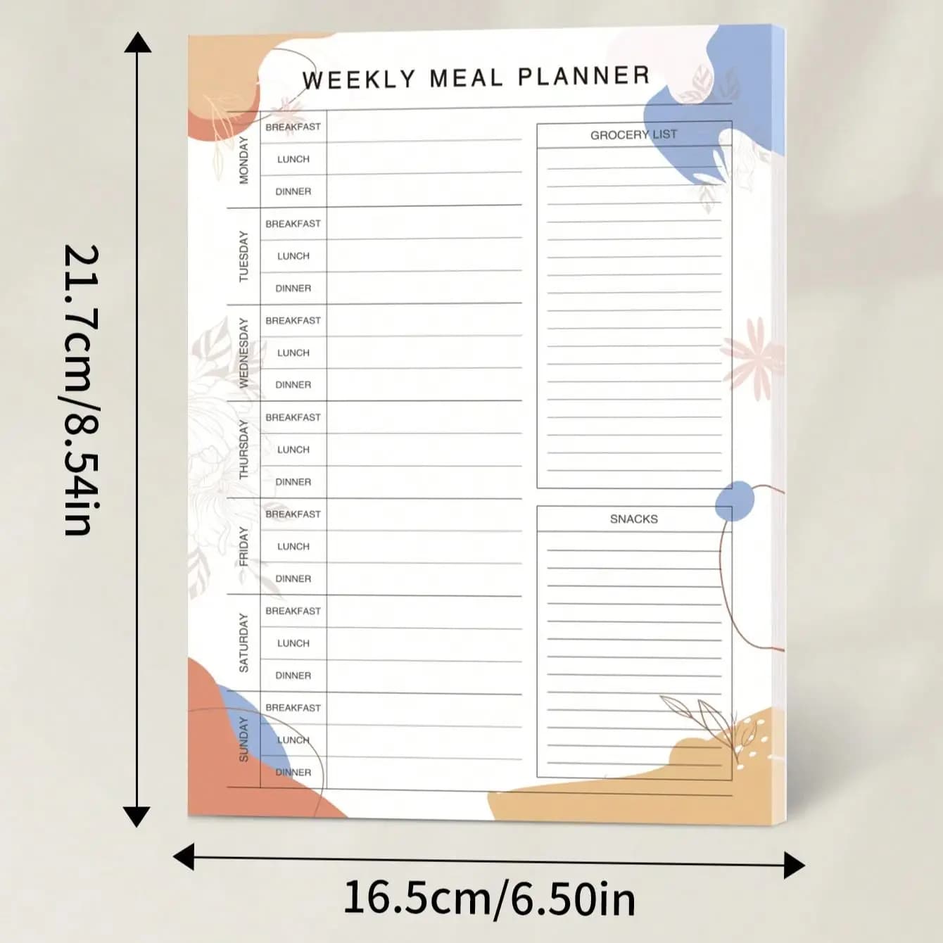 Blocco Magnetico Settimanale per Pianificazione Pasti da Frigo, Blocco per Menu con Lista Spesa e Sezione Snack, Carta 100gsm