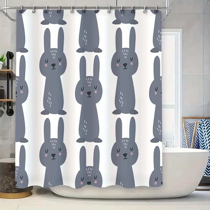 Adorabile set di tende da doccia con coniglio grigio per bagni per bambini, tessuto impermeabile dal design moderno!