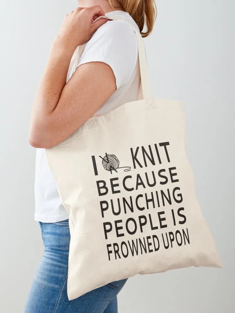 Borsa tote con stampa 'I Knit Because Punching People Is Frowned Upon', borse di lusso da donna, borse ecologiche, borsa da donna