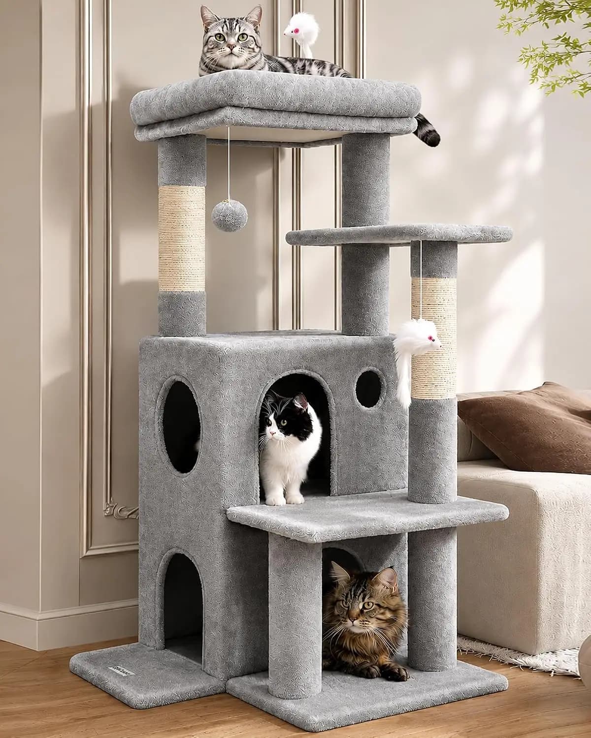 Cat Tree Tower for Indoor Cats, 50-inch Adult Cat Tree House for Large Adult Cats with Steps, Scratching Post, 2 Caves, Dangling