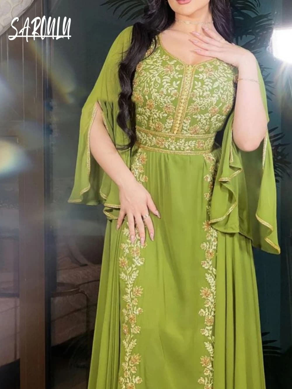 Abaya ricamo verde abito da sera linea caftano in chiffon occasioni formali di classe abito da ballo personalizzato elegante abito da donna in pizzo