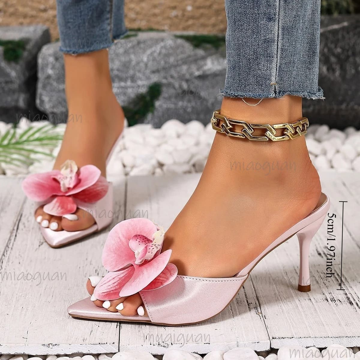 Elegant Orchid-Embellished Decor High Heels Fashion Women Slippers Summer Pointed Open Toe Sandals Vacation Banquet Party Shoes