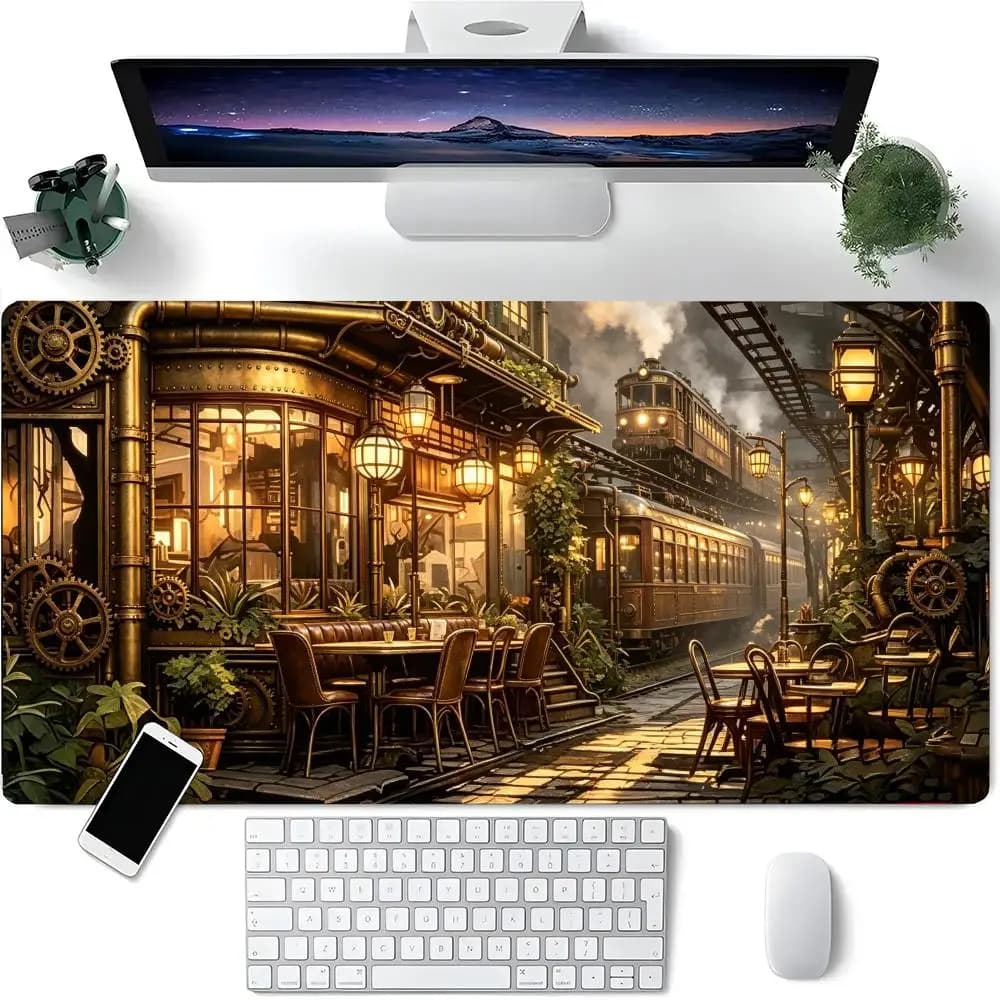 Retro Industrial Train Station Desk Pad Brass Gear Warm Lamp Outdoor Dining Mousepad Laptop Work Study Accessory