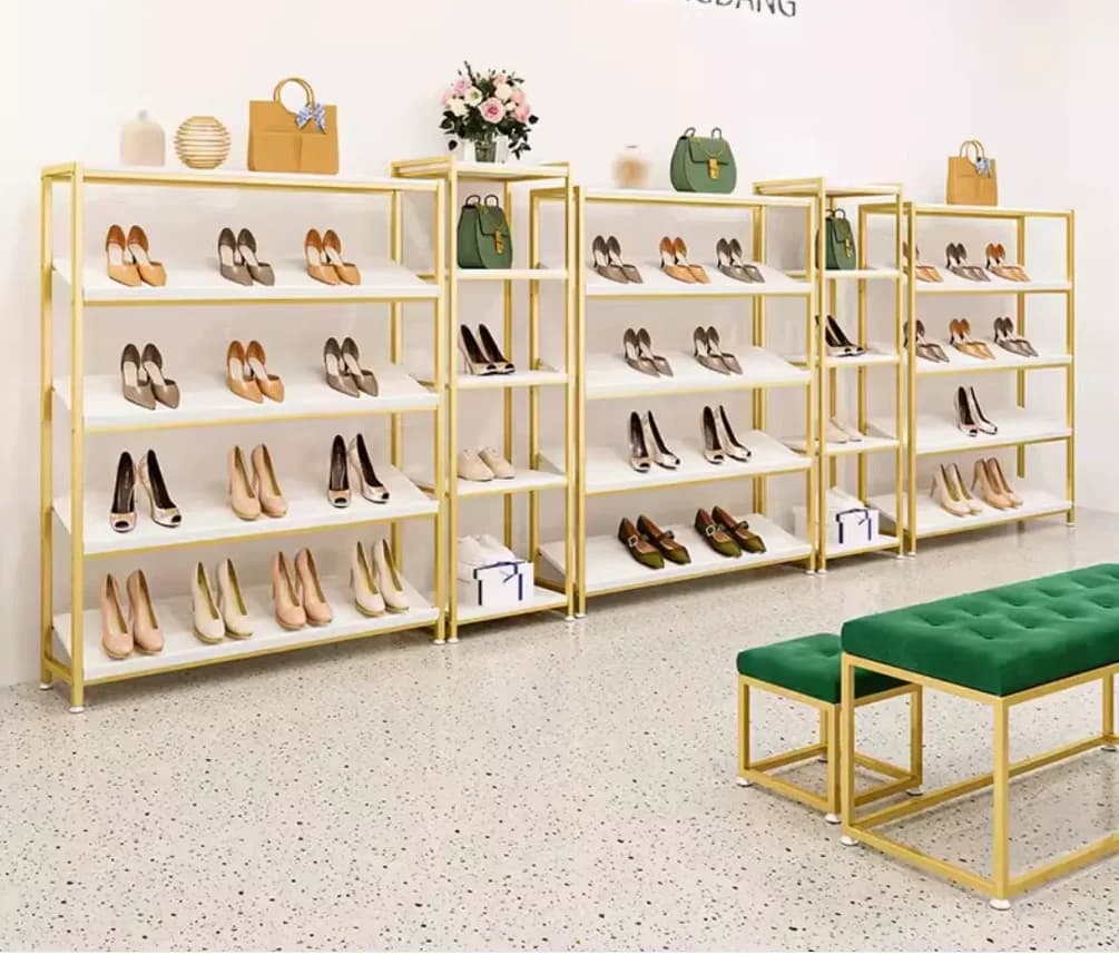 Espositore per scarpe, scaffale multistrato per negozio di abbigliamento, scaffale dorato per negozio di scarpe, espositore porta borse per negozio di abbigliamento femminile