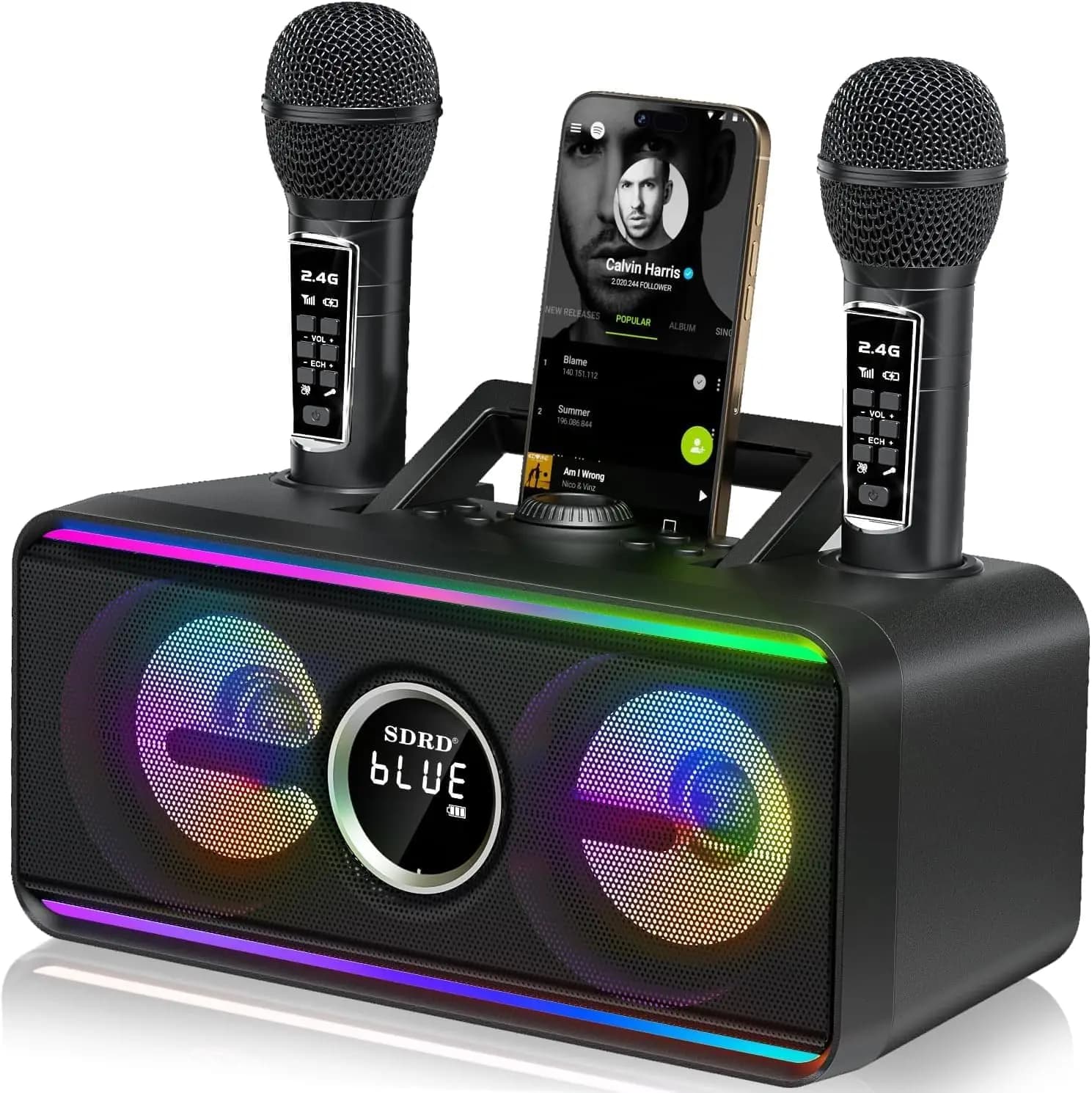 Macchina per Karaoke Bluetooth con Spazio di Archiviazione e Ricarica, 12 Ore di Autonomia, Microfoni Wireless per Uso Interno ed Esterno