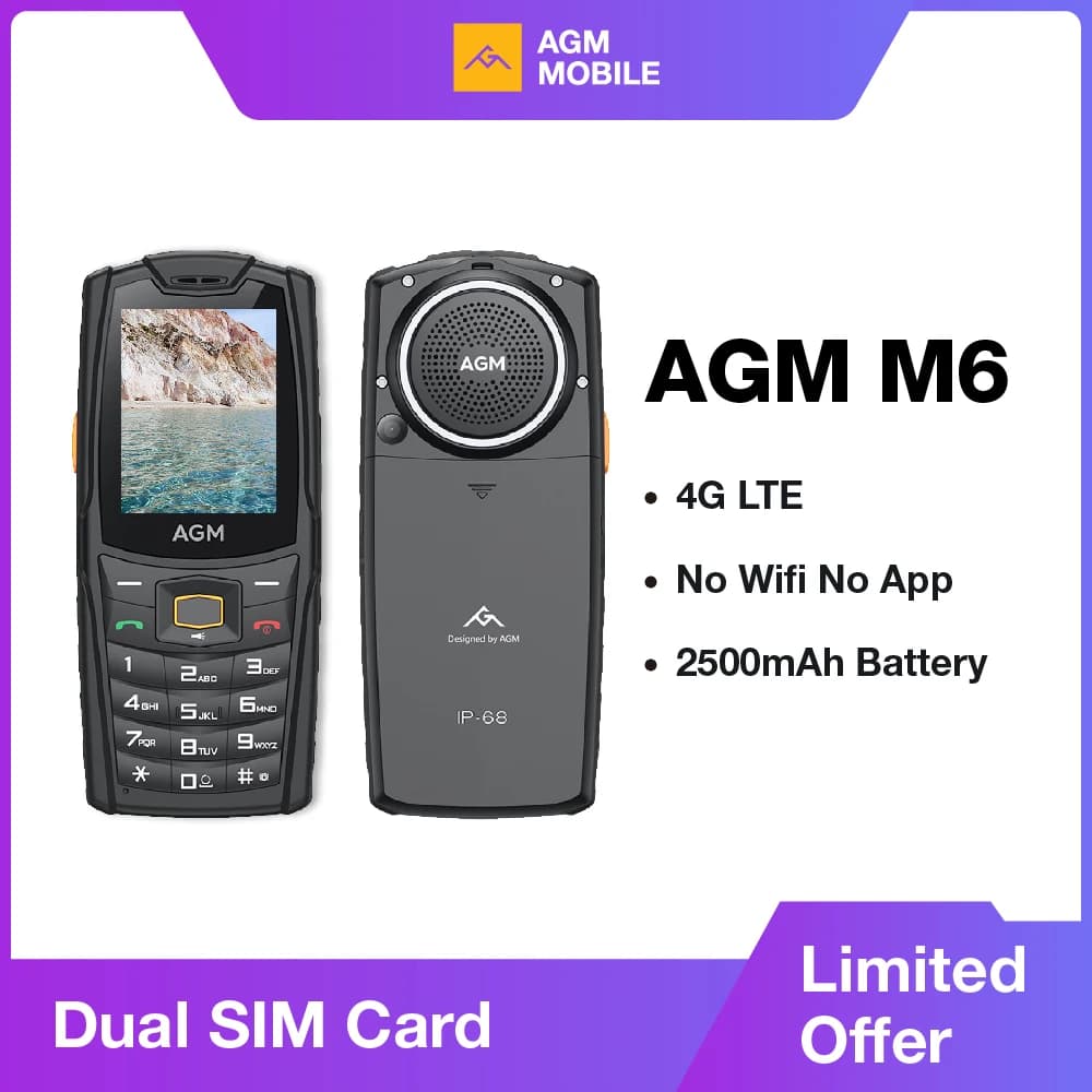 Telefono robusto AGM M6 - Altoparlante ad alto volume da 103 dB, schermo da 2,4", doppia SIM 4G, batteria da 2500 mAh, BT5.1, radio FM, IP68/IP69K, adatto ai anziani