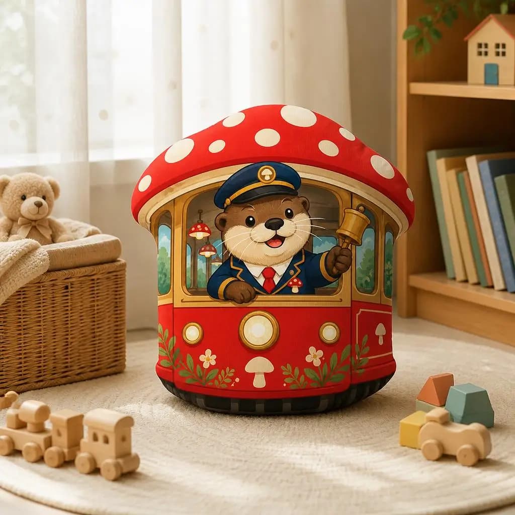 Otter Conductor Tram Plush Pillow Mushroom Trolley Cushion Cute Woodland Stuffed Throw Pillow Travel Lover Home Decor Gift