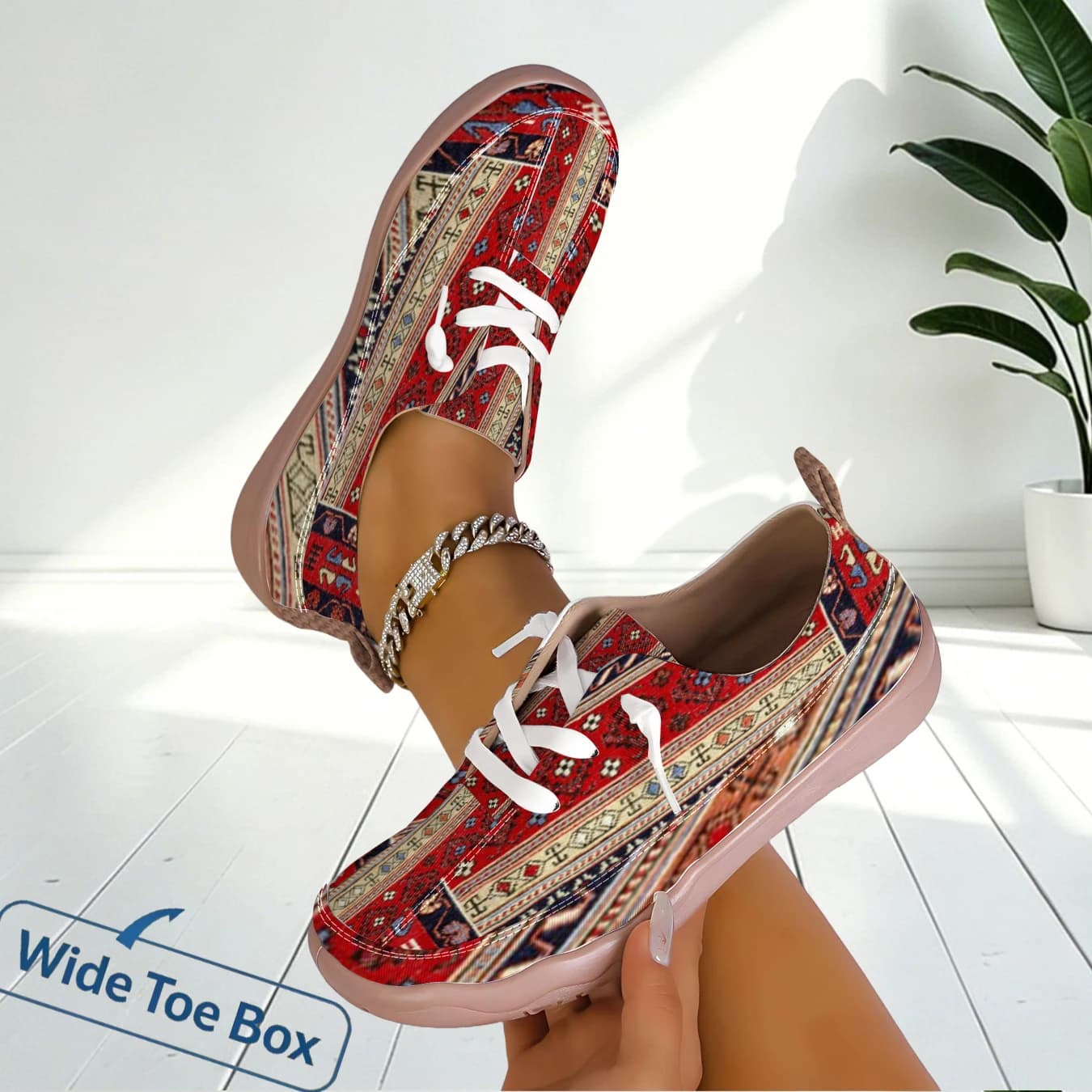 Women Printed Lace Up Wide Toe Flat Sneakers Light Comfort For Daily Commute Walking