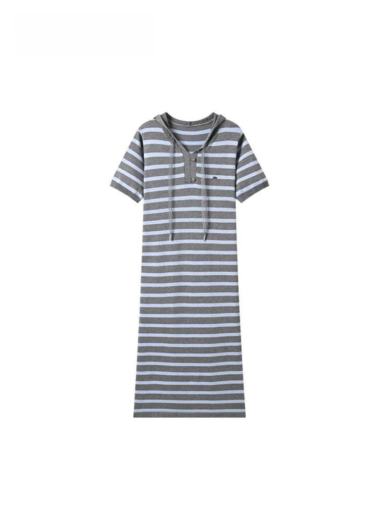 Summer New plus Size Women's Dress Cara CLUB Striped Short Sleeve Knitted Midi Hooded Dress Casual Loose Fit Polyester Fiber