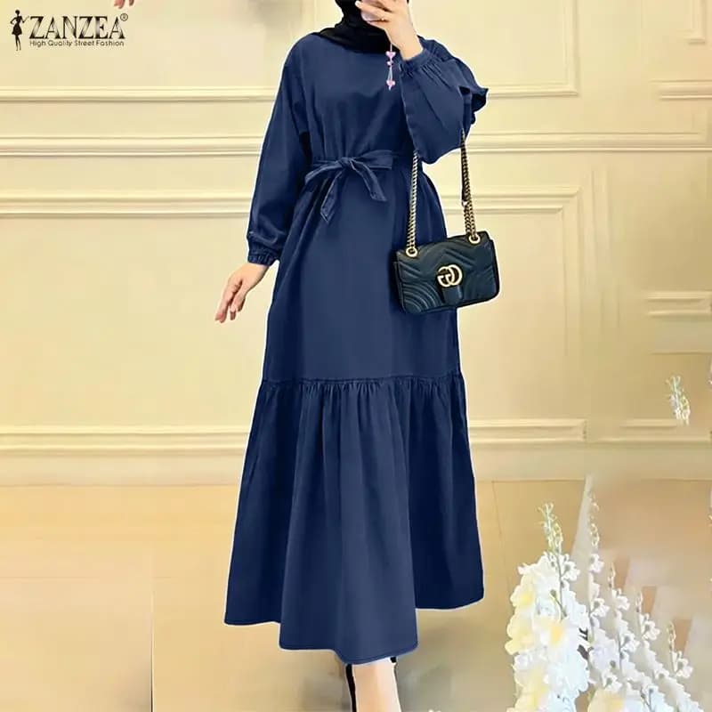 Abiti Lunghi Modesti Musulmani per Donne, Vestito Finto Denim a Maniche Lunghe con Vita Annodata e Orlo Arricciato, Abaya ZANZEA, Hijab Islamico