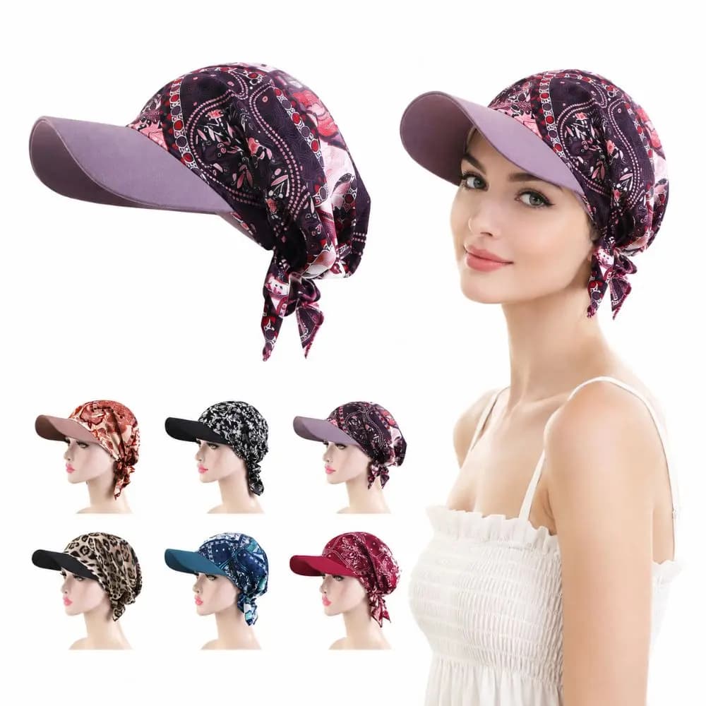 Breathable Headscarf with Brim Ethnic Prints Lace-up Style Triangular Scarf Hat Lightweight Headscarf Baseball Cap