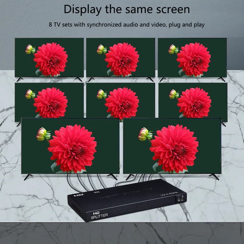 Splitter HDMI 4K 60Hz 1 ingresso 8 uscite 2.0, Distributore 1x8, Convertitore Video Splitter, Display Multi-Schermo con Mirroring