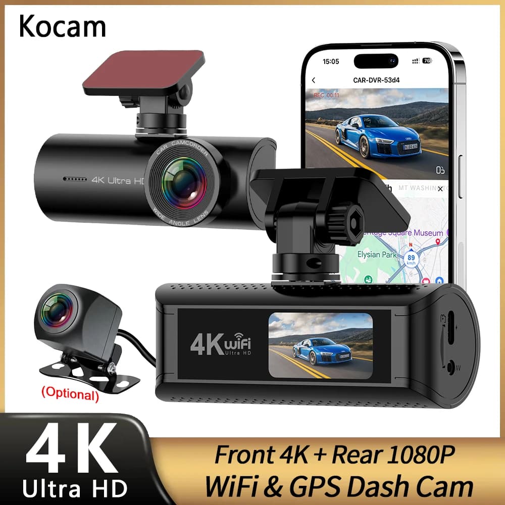 Kocam 4K WIFI GPS Dual Dash Cam anteriore e posteriore per auto Telecamera DVR per auto Registratore Video Registratore Dashcam Videocamera Scatola nera