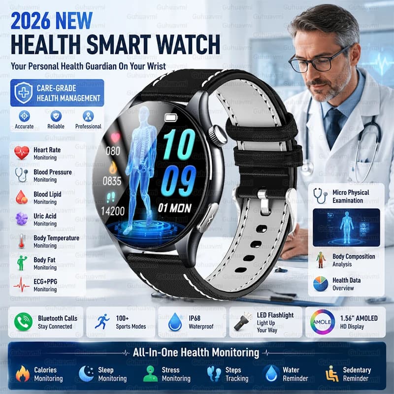 Nuovo Smartwatch per la Salute 2026 da Uomo, Display AMOLED da 1,56'', ECG, Pressione Sanguigna, Grasso Corporeo, Acido Urico, Fitness Tracker, Chiamate BT, Impermeabile IP68
