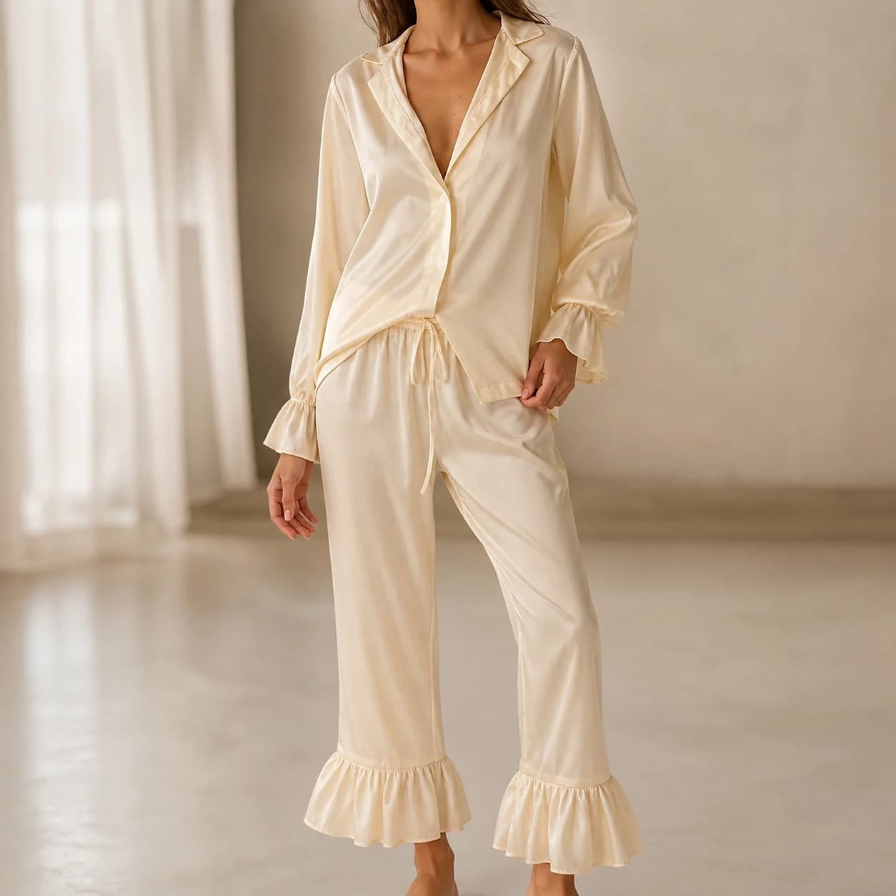 Women's Button Up Long Sleeve Full Length Pajama with Notched Collar Ruffle Trim Warm Anti-Pilling Silky Fabric for Sleep Home