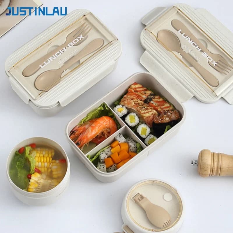 JUSTINLAU Lunch Box in Paglia di Grano, Contenitore Portatile Bento con Tazza per Zuppa, Cucchiaio e Forchetta, Adatto al Microonde, Stoviglie per Casa