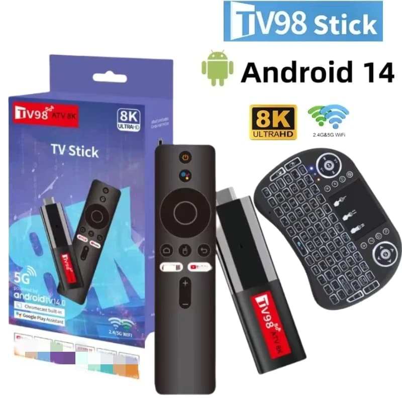 TV98 ATV Mini TV Stick Android 14 H618 2.4G 5G Wifi supporto OTA 8K lettore multimediale ricevitore TV BT5.0 2GB 16GB Voice Remote TV Box