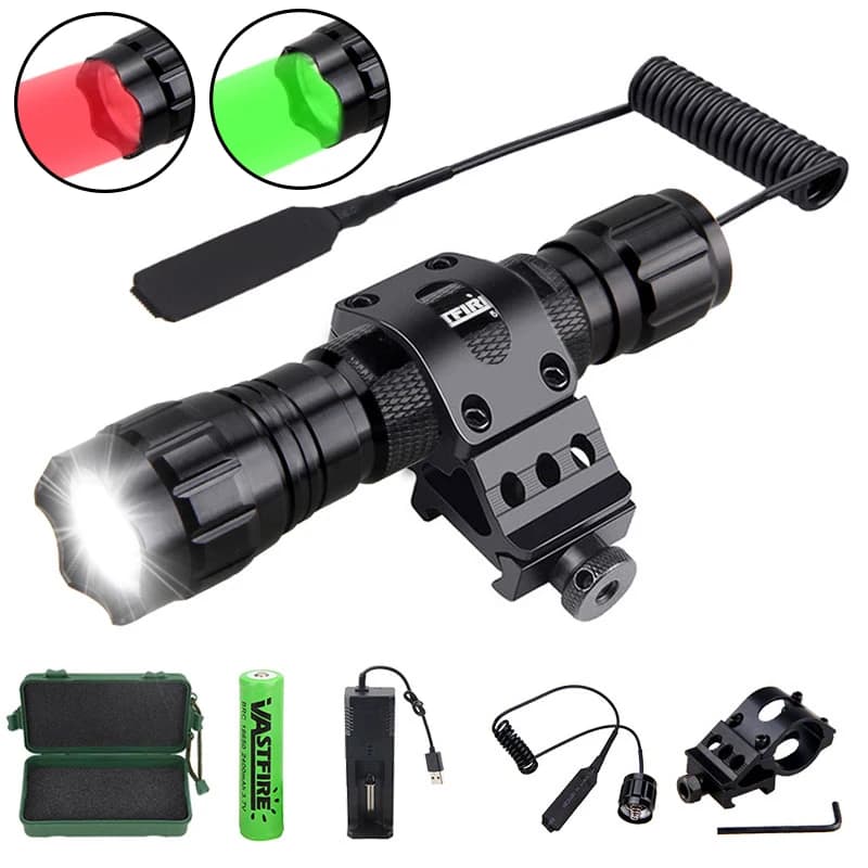Tactical Flashlight White/Red/Green LED Flashlight Gun + Gun Cannocchiale Support Softair + Switch + 18650 + USB Charger + Box