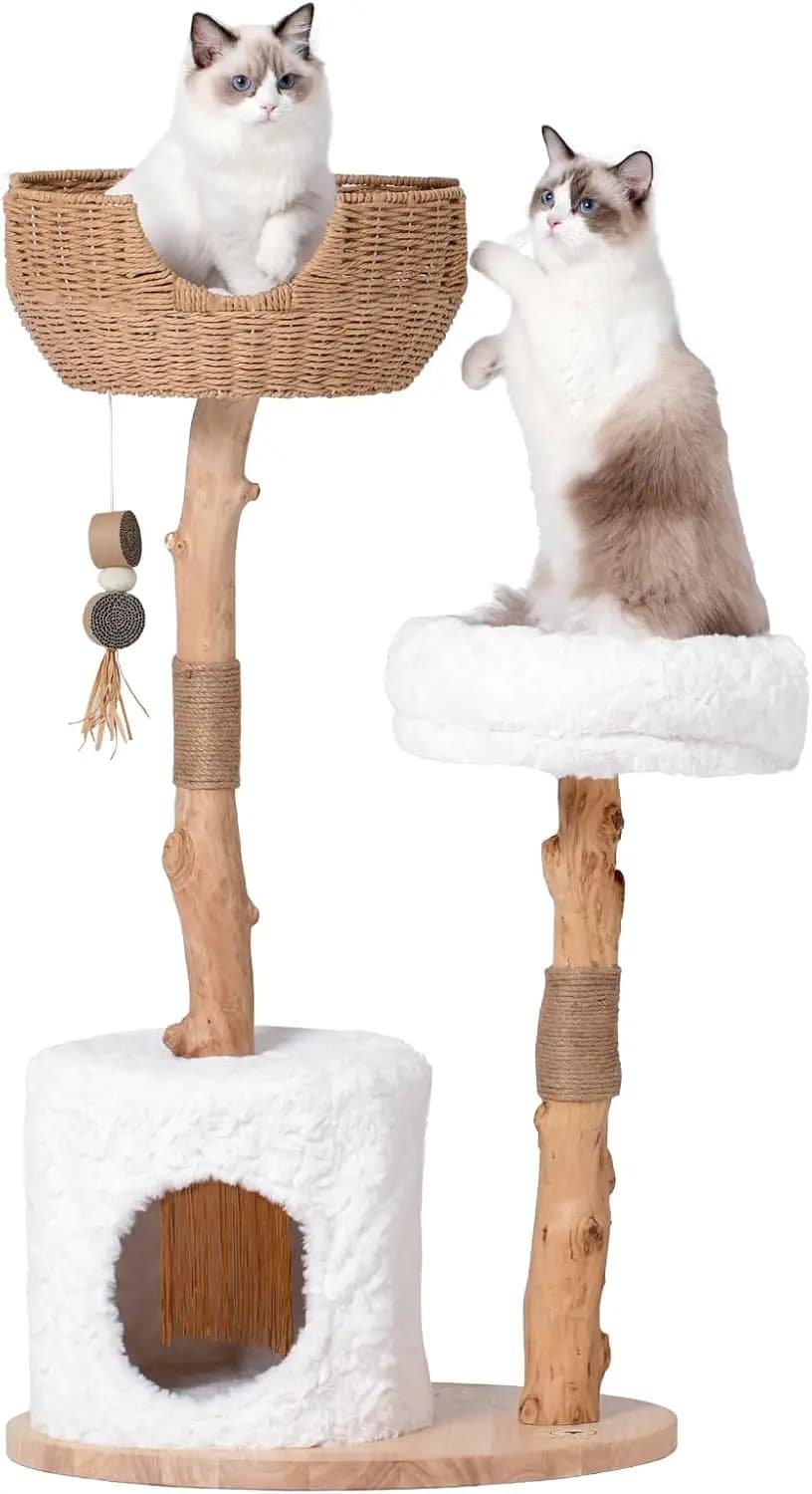 Torre per Gatti in Legno con Rami Veri, Cuccia, Tiragraffi e Piattaforme per Saltare - Arredamento per Gatti