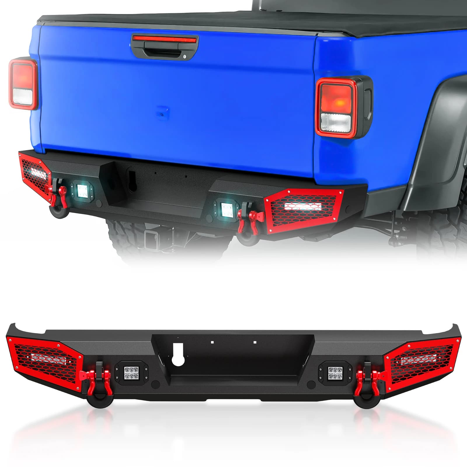 Paraurti posteriore a larghezza intera con fori sensore e 4 luci LED da 18 W e anelli a D per Jeep Gladiator JT 2020 2021 2022 2023 2024 2025