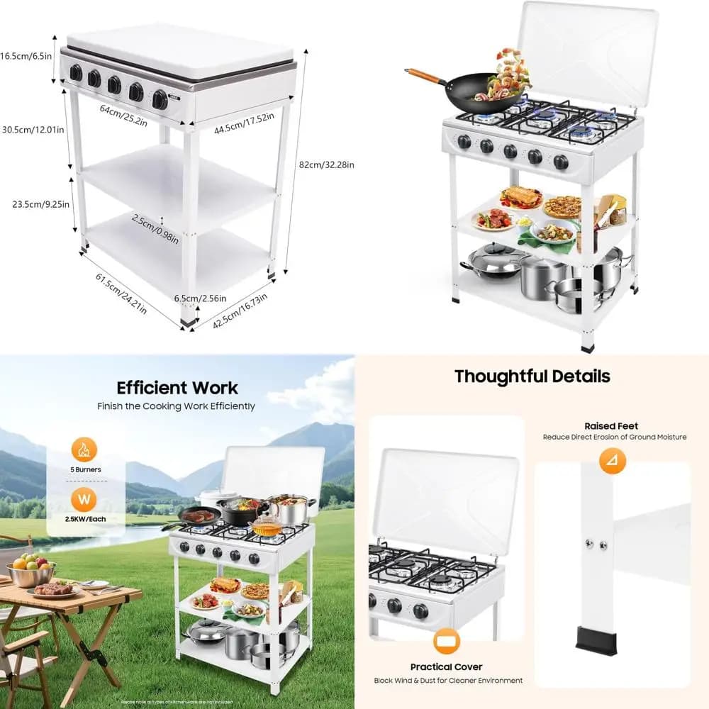 5 Fuochi Natural Gas Camping Stoves with Manual Ignition, Portable Holder and Windscreen for Open Kitchen