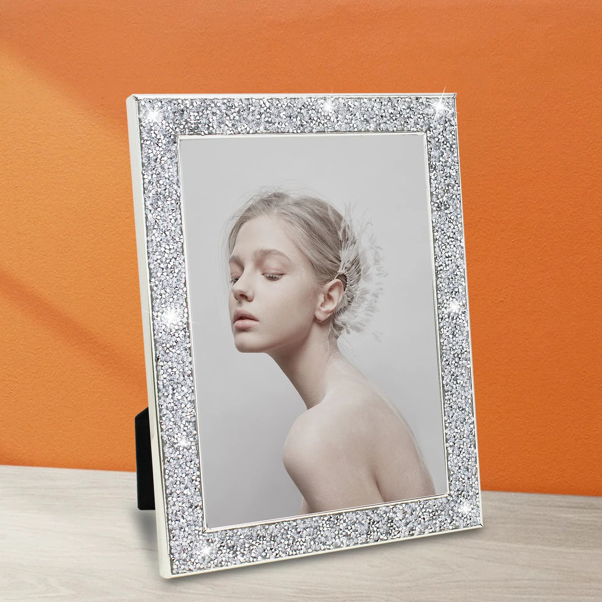 Cornice placcata metallica da 7 pollici con cristalli scintillanti Elegante cornice per foto in vetro per decorazioni da parete per foto di bambini di nozze