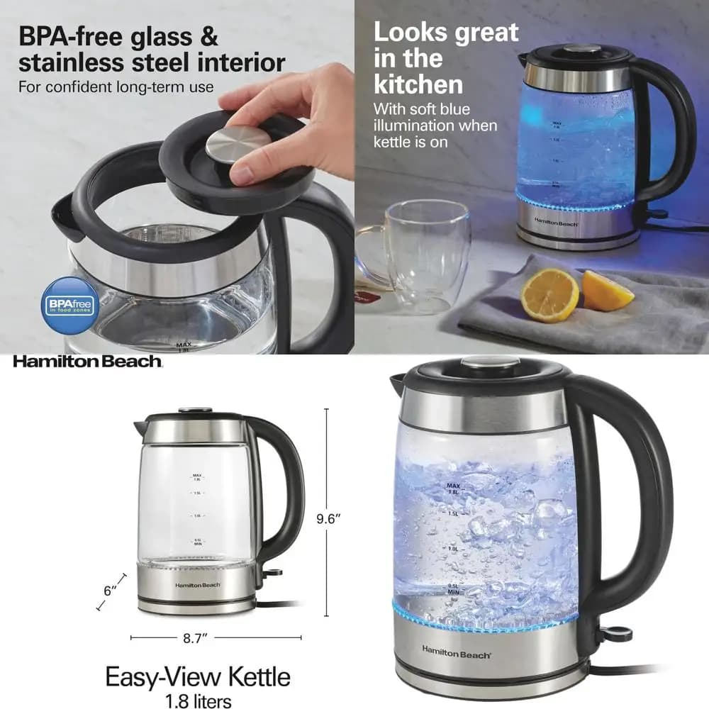 1.8L, 1500W Wireless Electric Kettle, Quick boiling, Automatic Shutdown and Protection Against Dry Ebollition, Transparent Glass Design