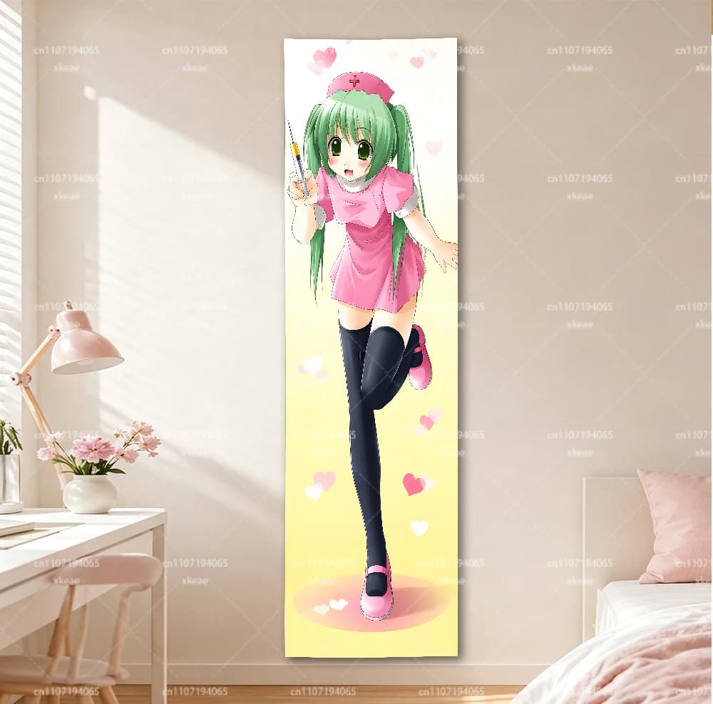 Green Twin Tails Nurse Anime Girl Vertical Tapestry, Pink Heart Gradient Long Wall Hanging Bedroom Door Decor