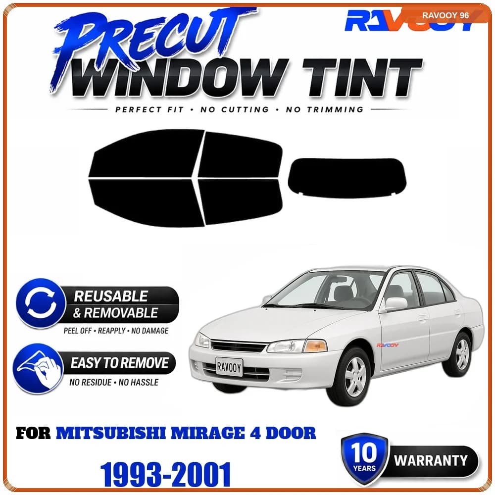 RAVOOY Precut Window Tint, Reusable Removable EPU Film, Custom Fit for Mitsubishi Mirage 4 Door 1993-2001, UV Heat Protection
