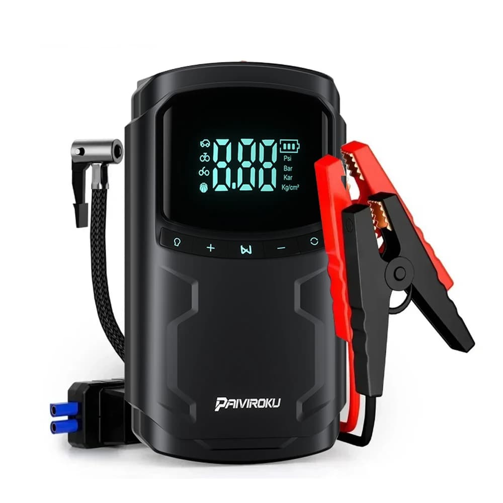 Avviatore d'Emergenza per Auto con Pompa d'Aria, 5000A di Picco, Power Bank con Gonfiatore Pneumatici 150PSI, Booster Batteria Auto 12V