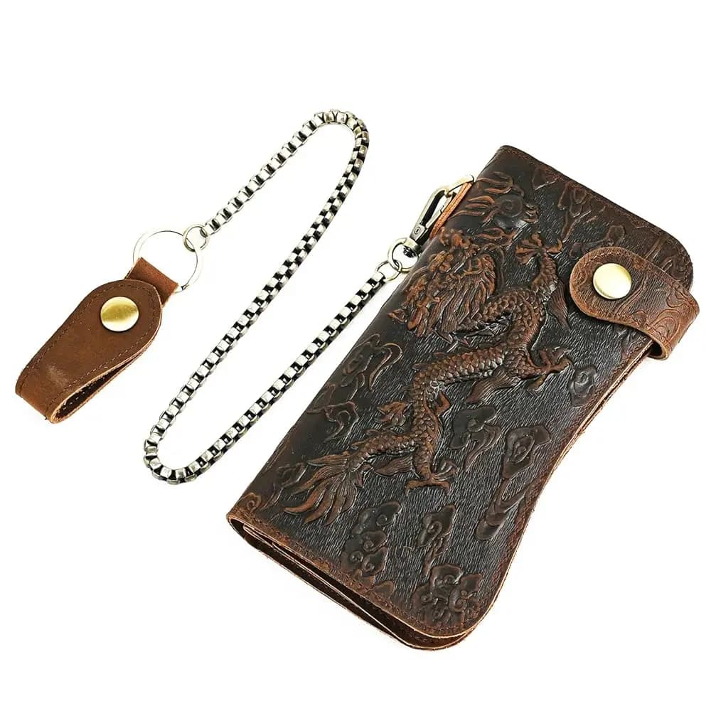 Spedizione Gratuita - Portafoglio Lungo in Vera Pelle Crazy Horse con Portamonete, Porta Carte, Organizer, Catena e Protezione RFID, con Chiusura a Scatto