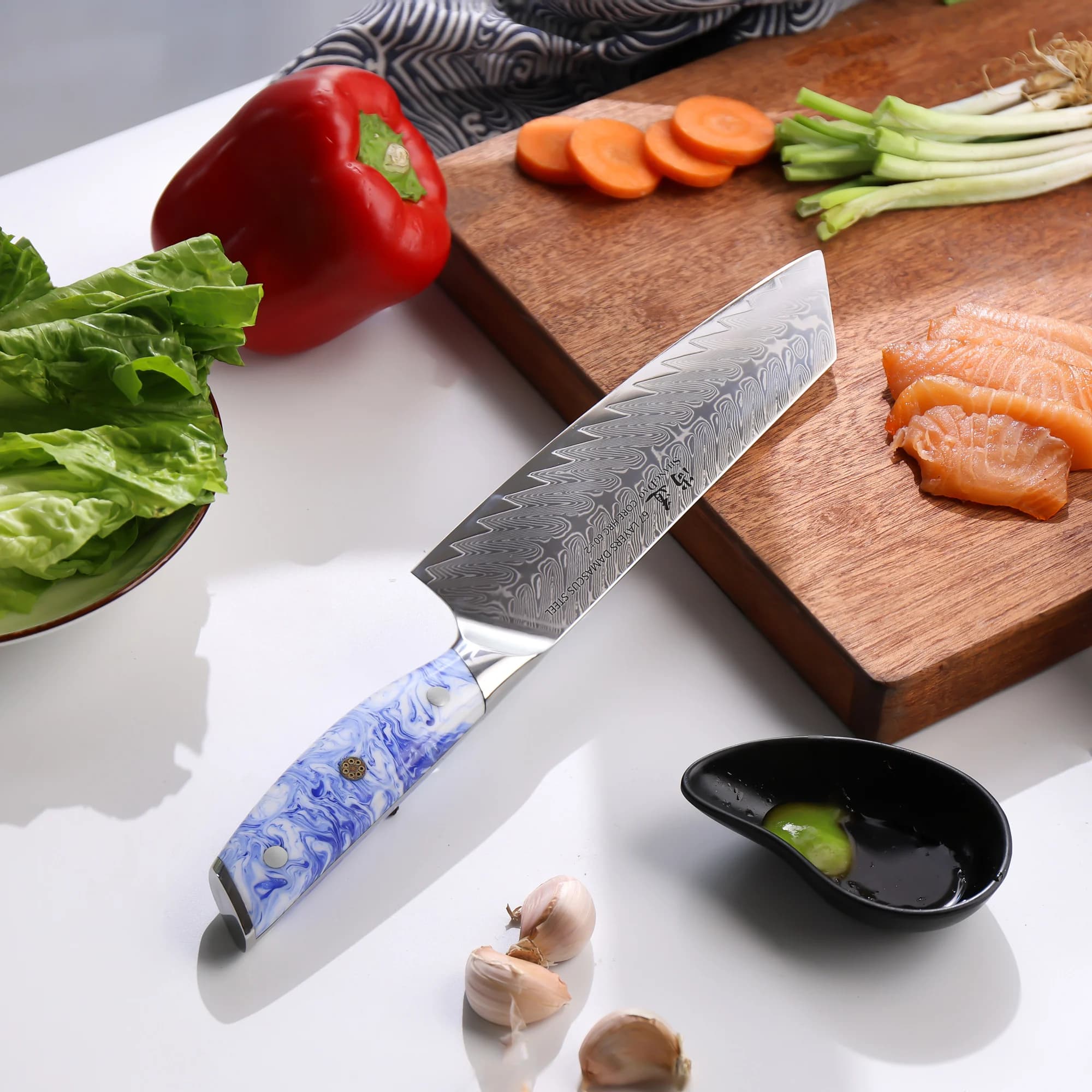 Chef Knife Kiritsuke SHANGDAO 8", Damask Steel Kitchen Knife Forged with Blue and White Resin Handle, Full Blade Sharpener for Slice